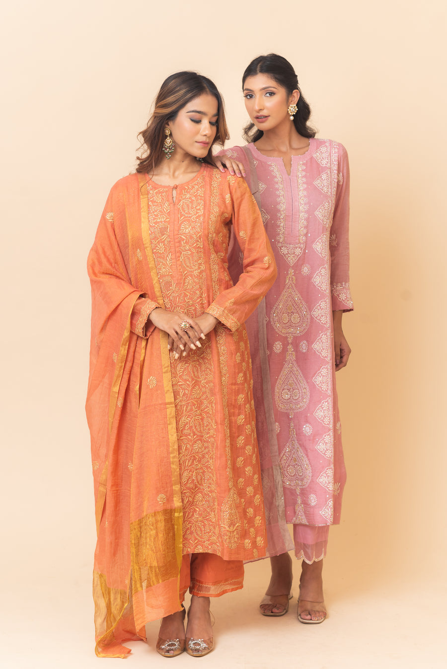 Chikankari A-Line Tissue Suit Set - Burnt Orange