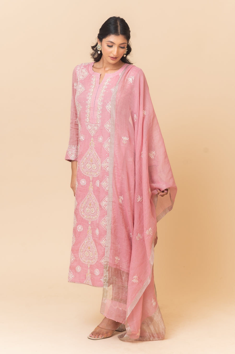 Chikankari Straight Tissue Suit Set - Petal Pink