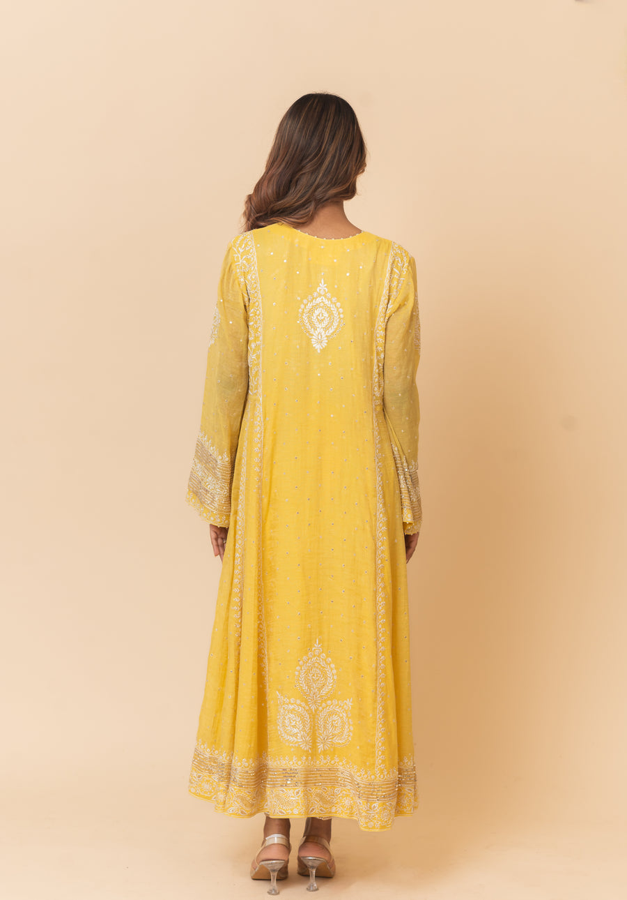 Chikankari Tissue Anarkali Set - Dandelion Yellow