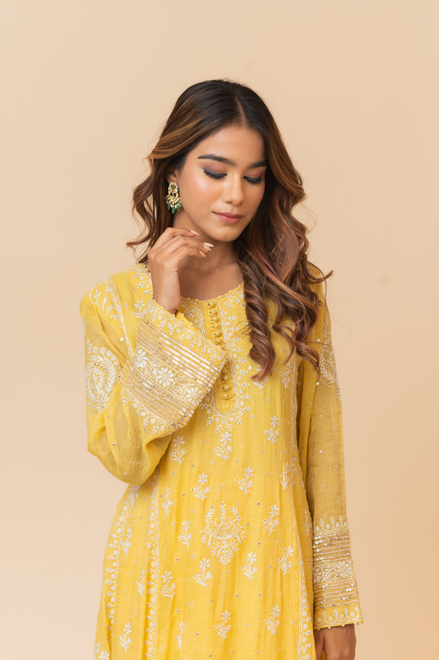 Chikankari Tissue Anarkali Set - Dandelion Yellow