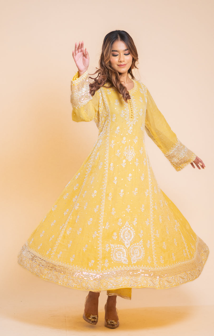 Chikankari Tissue Anarkali Set - Dandelion Yellow