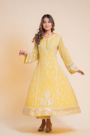 Chikankari Tissue Anarkali Set - Dandelion Yellow