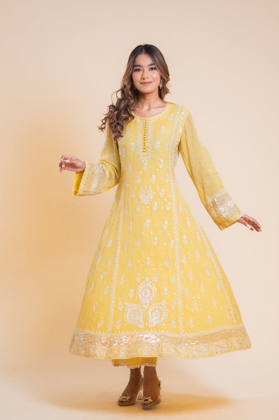 Chikankari Tissue Anarkali Set - Dandelion Yellow
