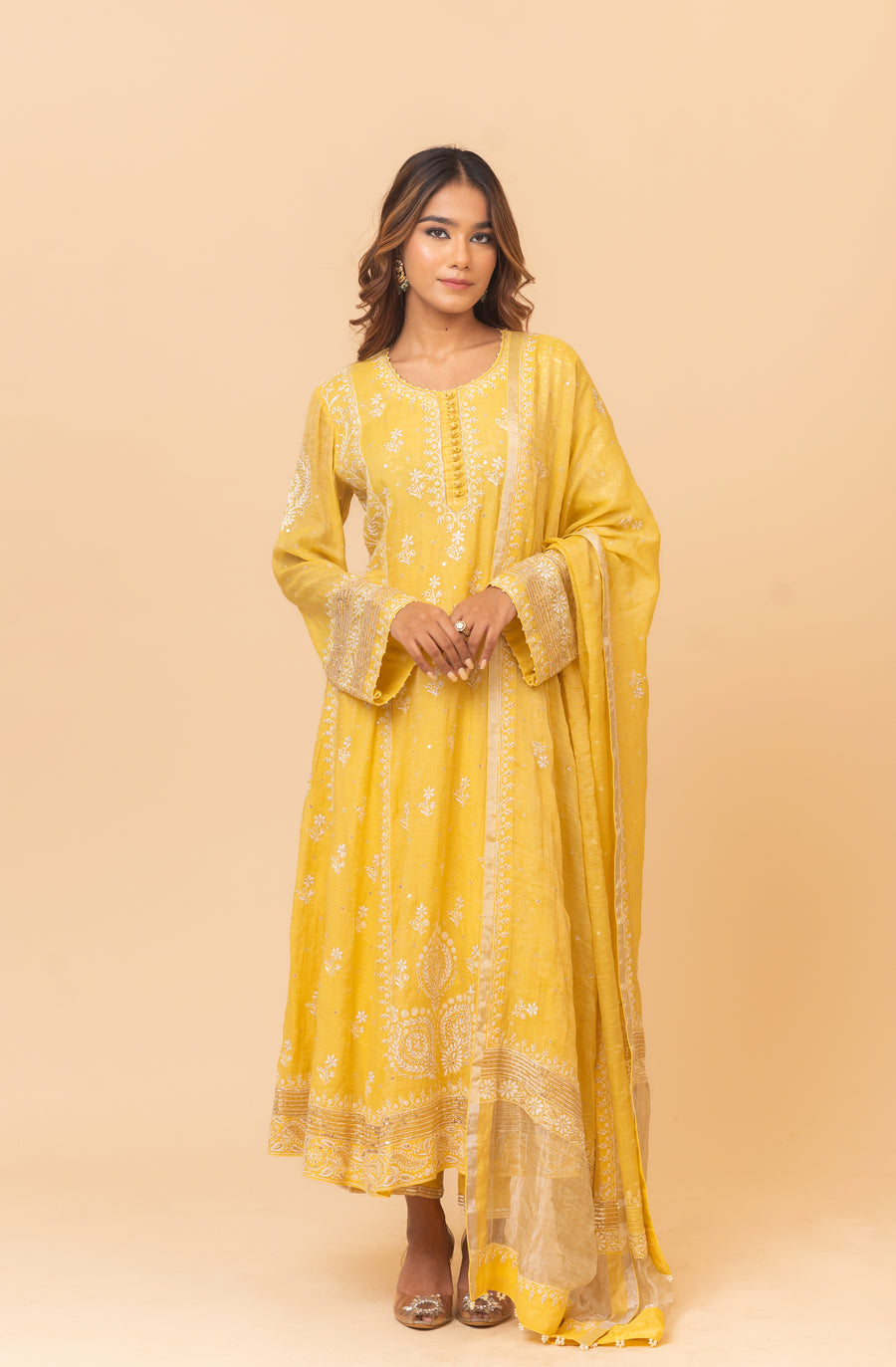 Chikankari Tissue Anarkali Set - Dandelion Yellow