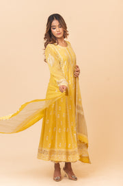 Chikankari Tissue Anarkali Set - Dandelion Yellow