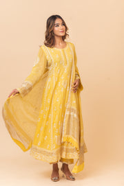 Chikankari Tissue Anarkali Set - Dandelion Yellow