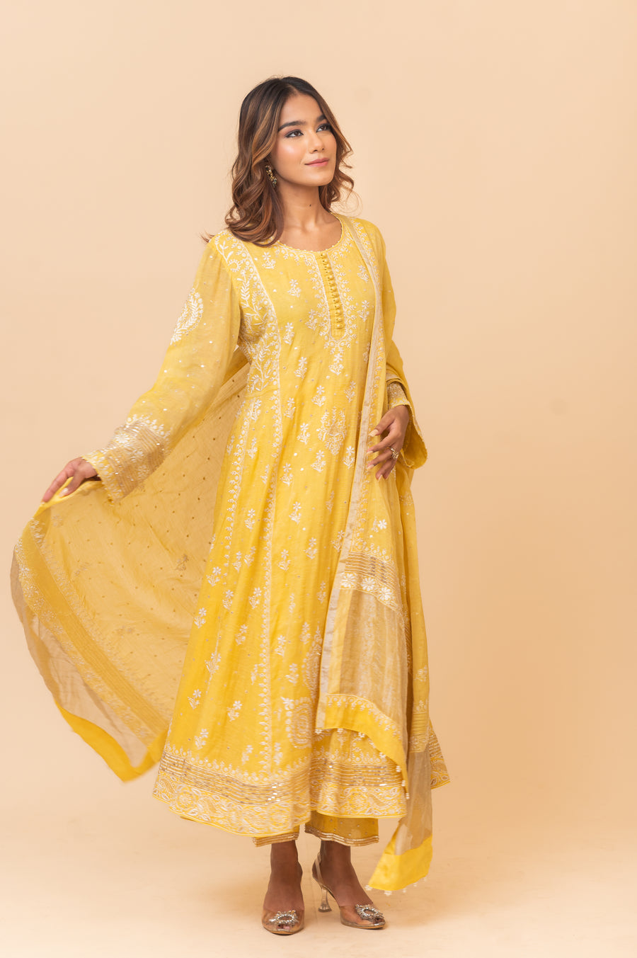 Chikankari Tissue Anarkali Set - Dandelion Yellow