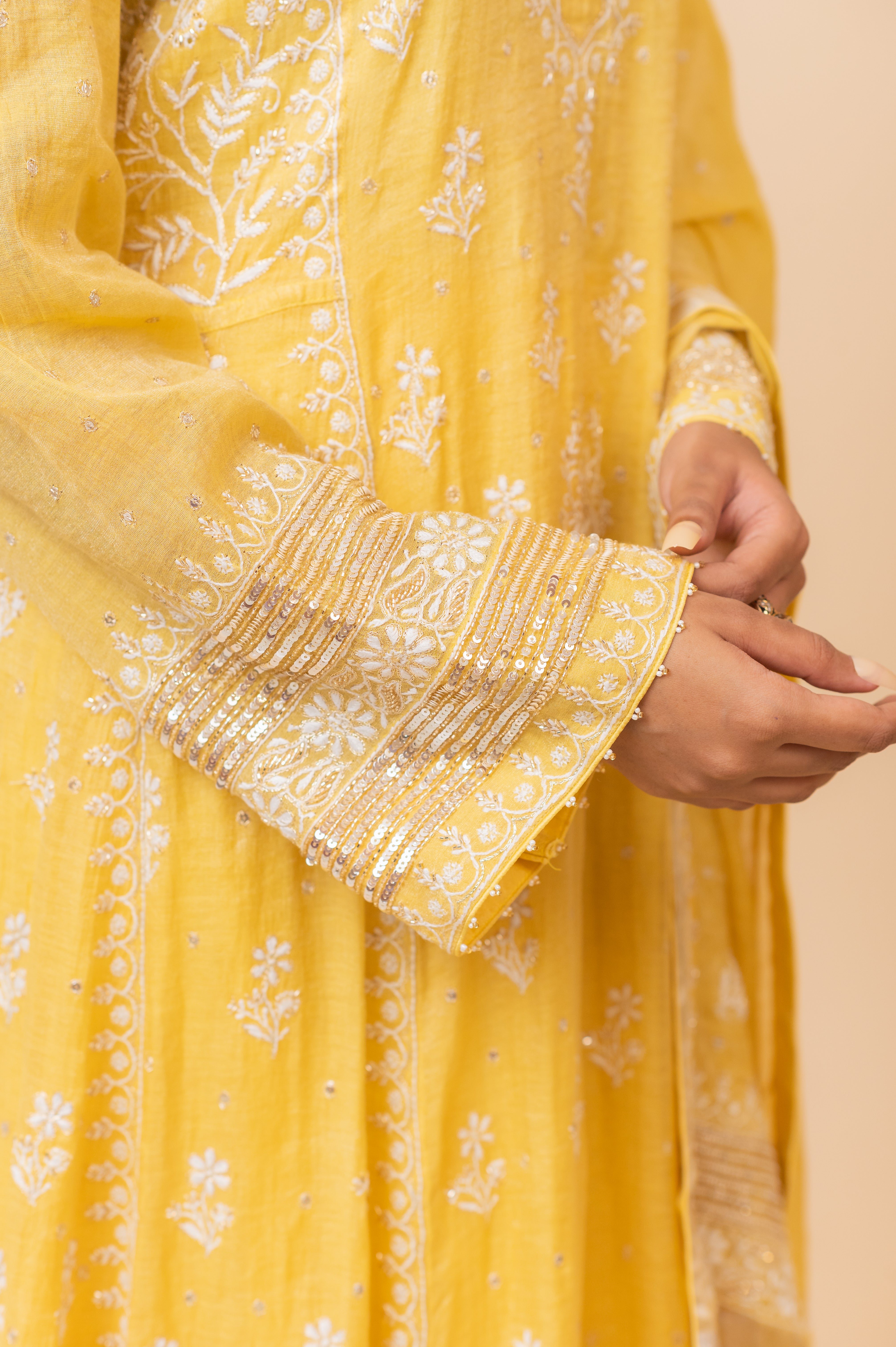 Chikankari Tissue Anarkali Set - Dandelion Yellow