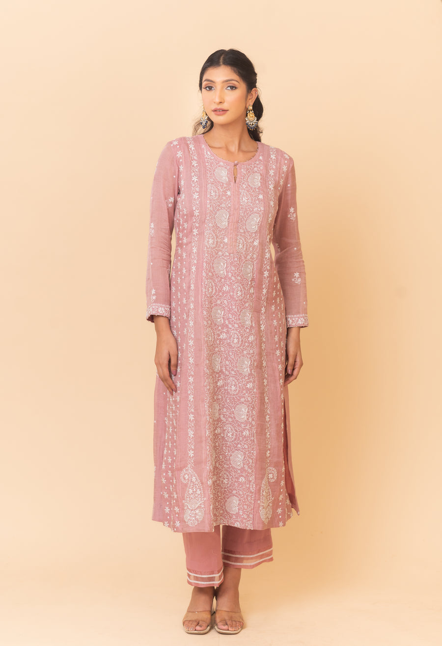 Chikankari A-Line Tissue Suit Set - Mauve
