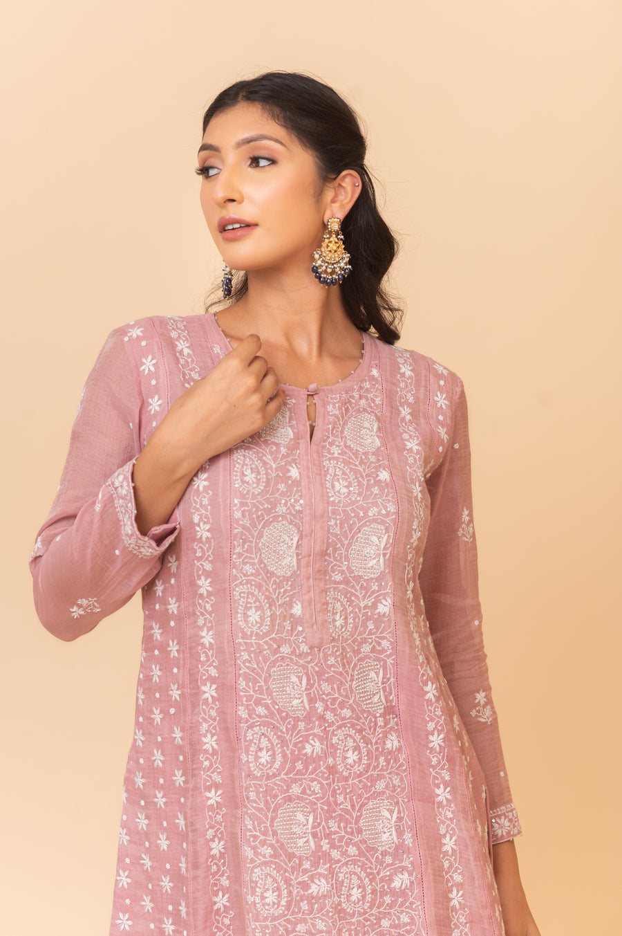 Chikankari A-Line Tissue Suit Set - Mauve
