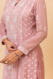 Chikankari A-Line Tissue Suit Set - Mauve