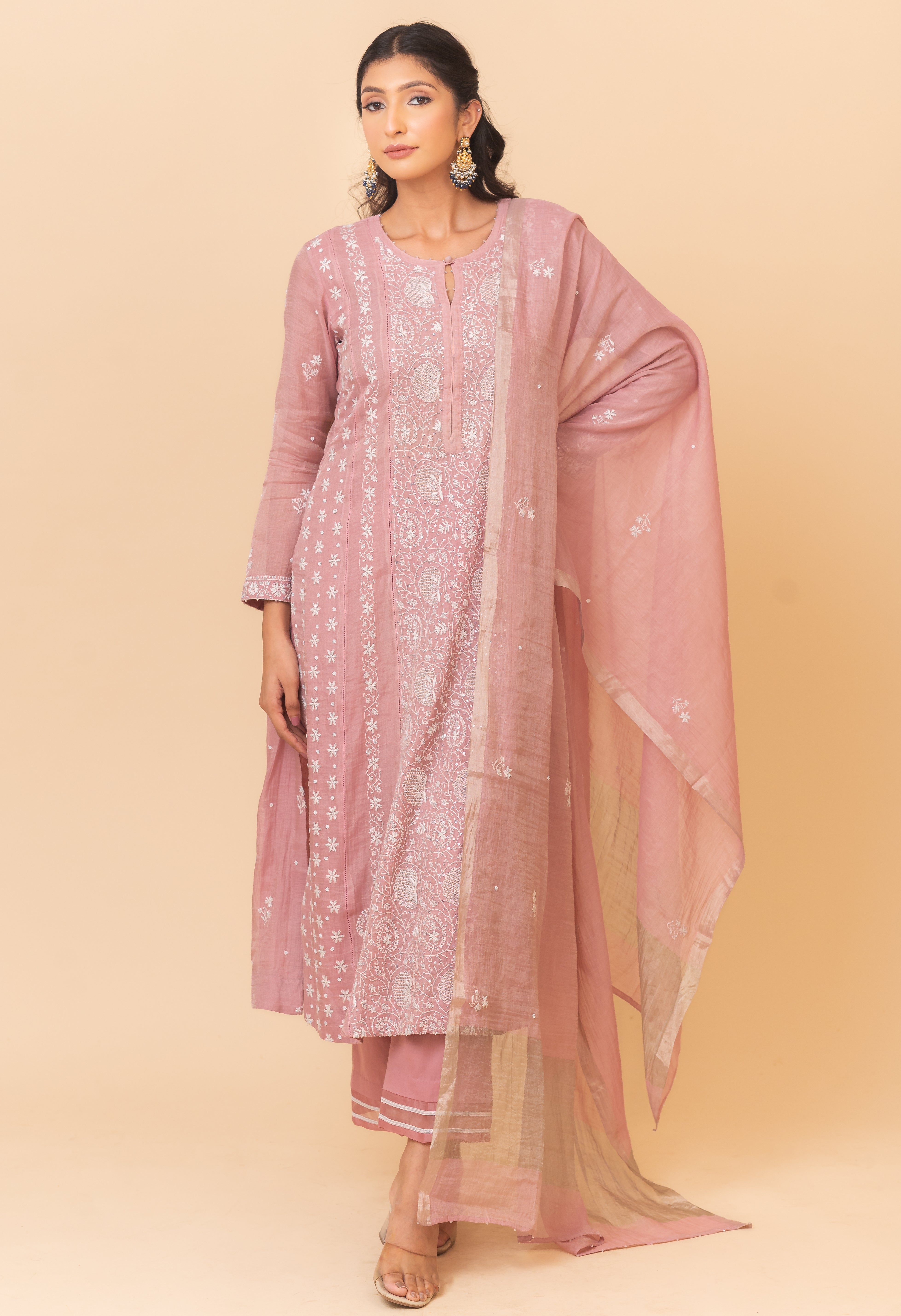 Chikankari A-Line Tissue Suit Set - Mauve