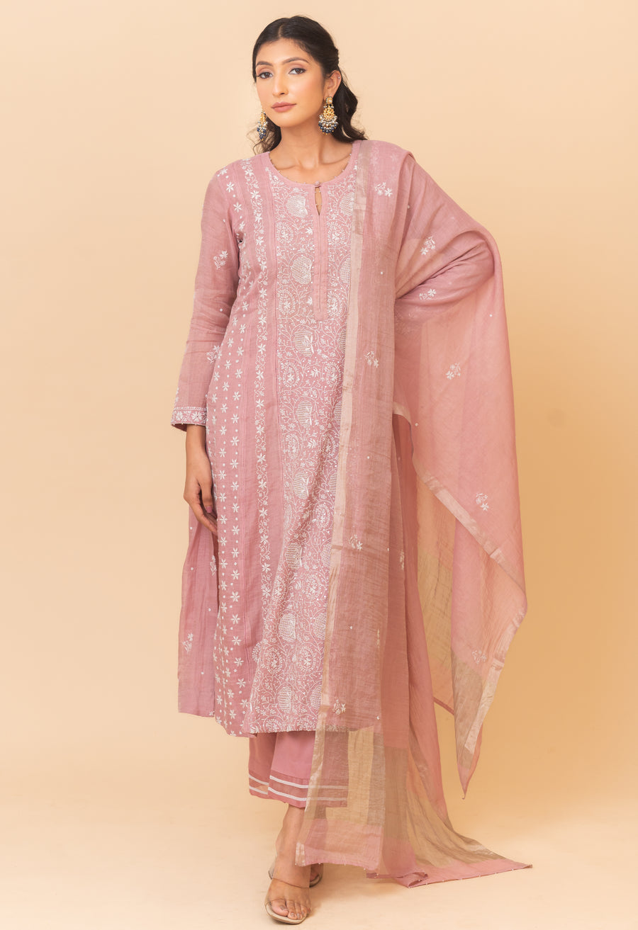 Chikankari A-Line Tissue Suit Set - Mauve