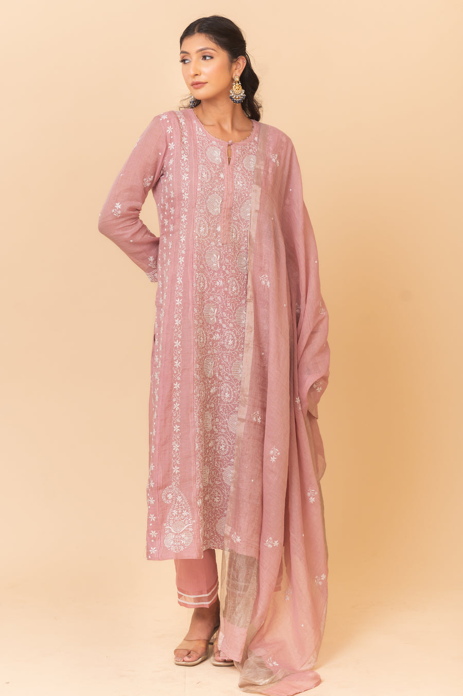 Chikankari A-Line Tissue Suit Set - Mauve