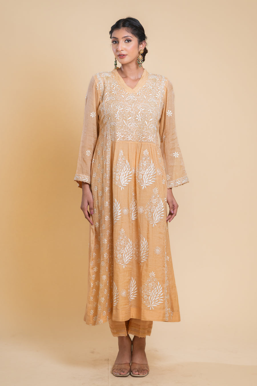 Chikankari A-Line Tissue Suit Set - Peach Pearl