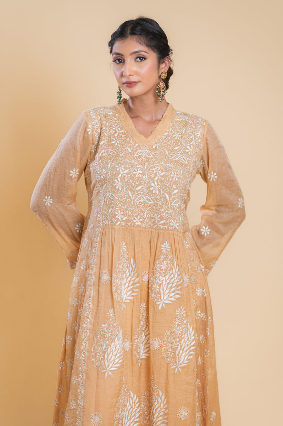 Chikankari A-Line Tissue Suit Set - Peach Pearl