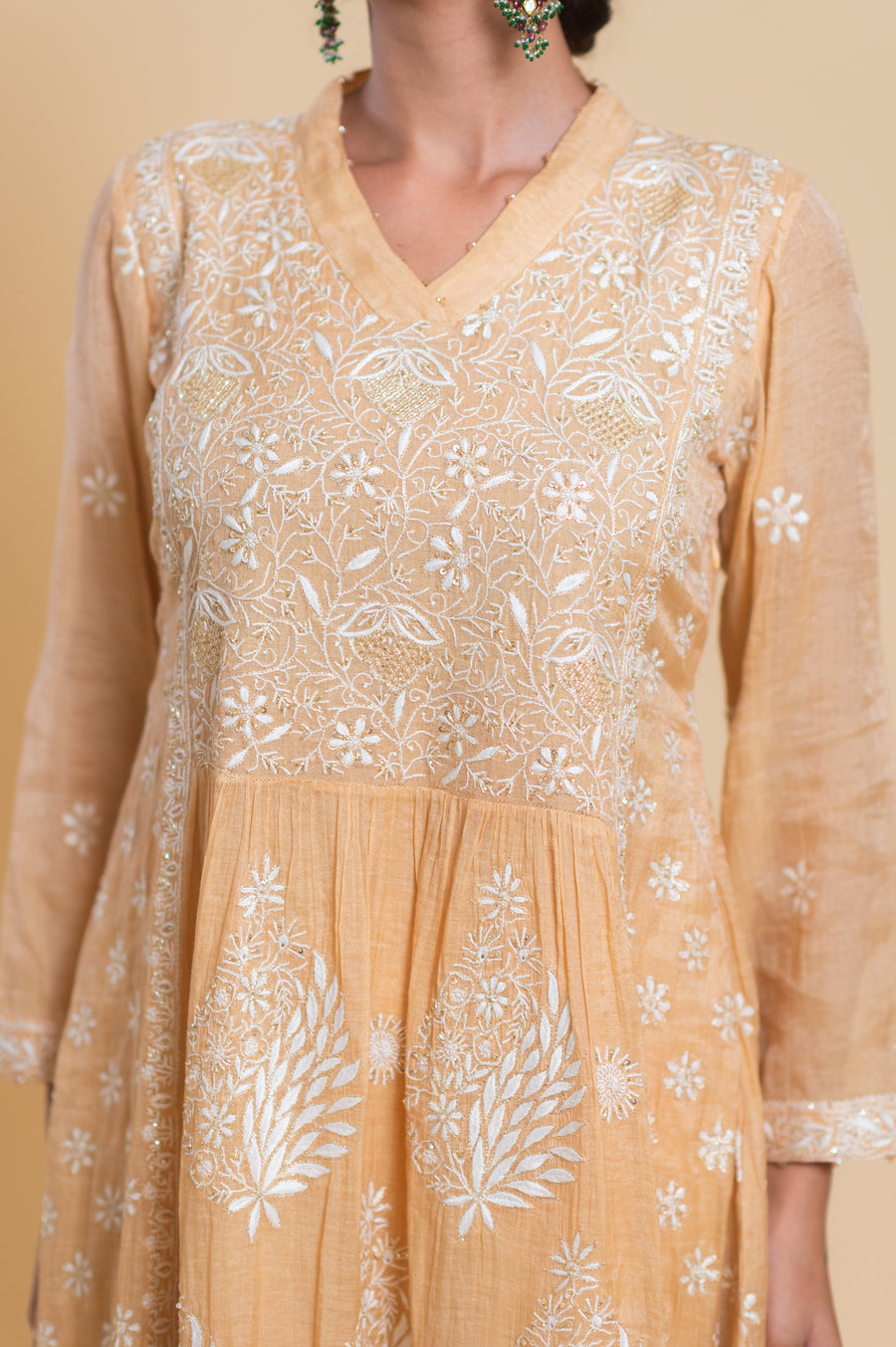 Chikankari A-Line Tissue Suit Set - Peach Pearl