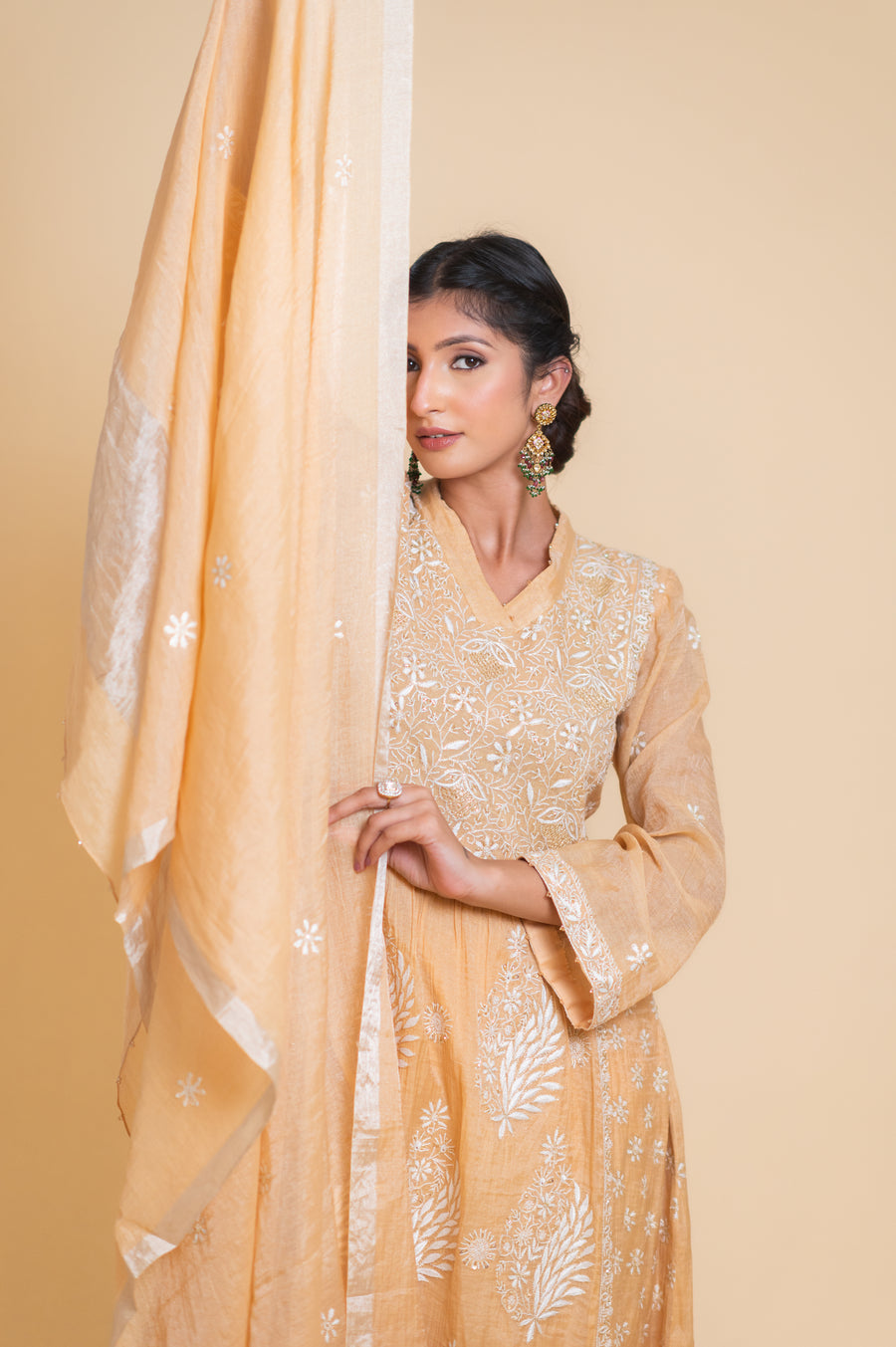 Chikankari A-Line Tissue Suit Set - Peach Pearl