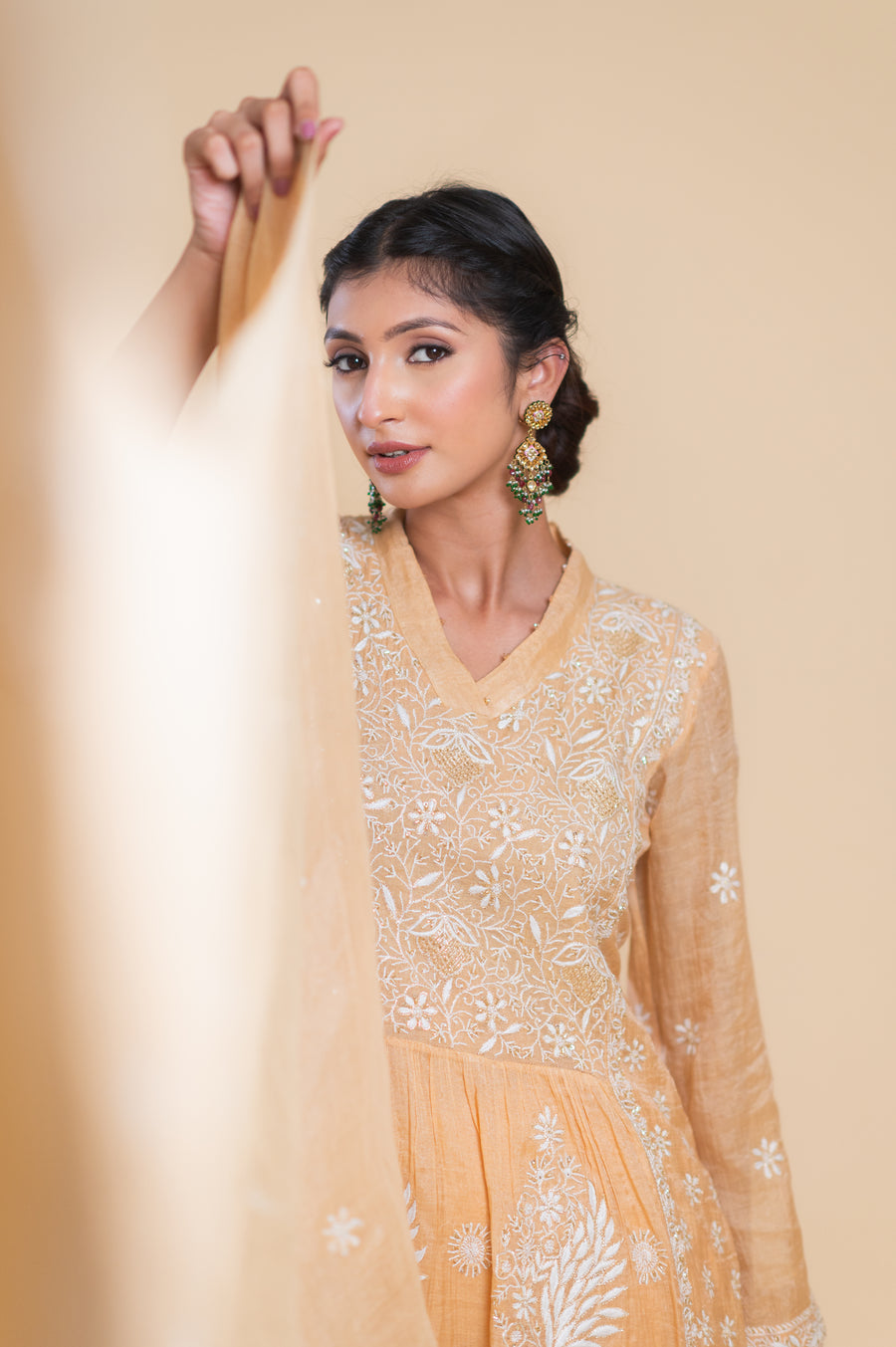 Chikankari A-Line Tissue Suit Set - Peach Pearl