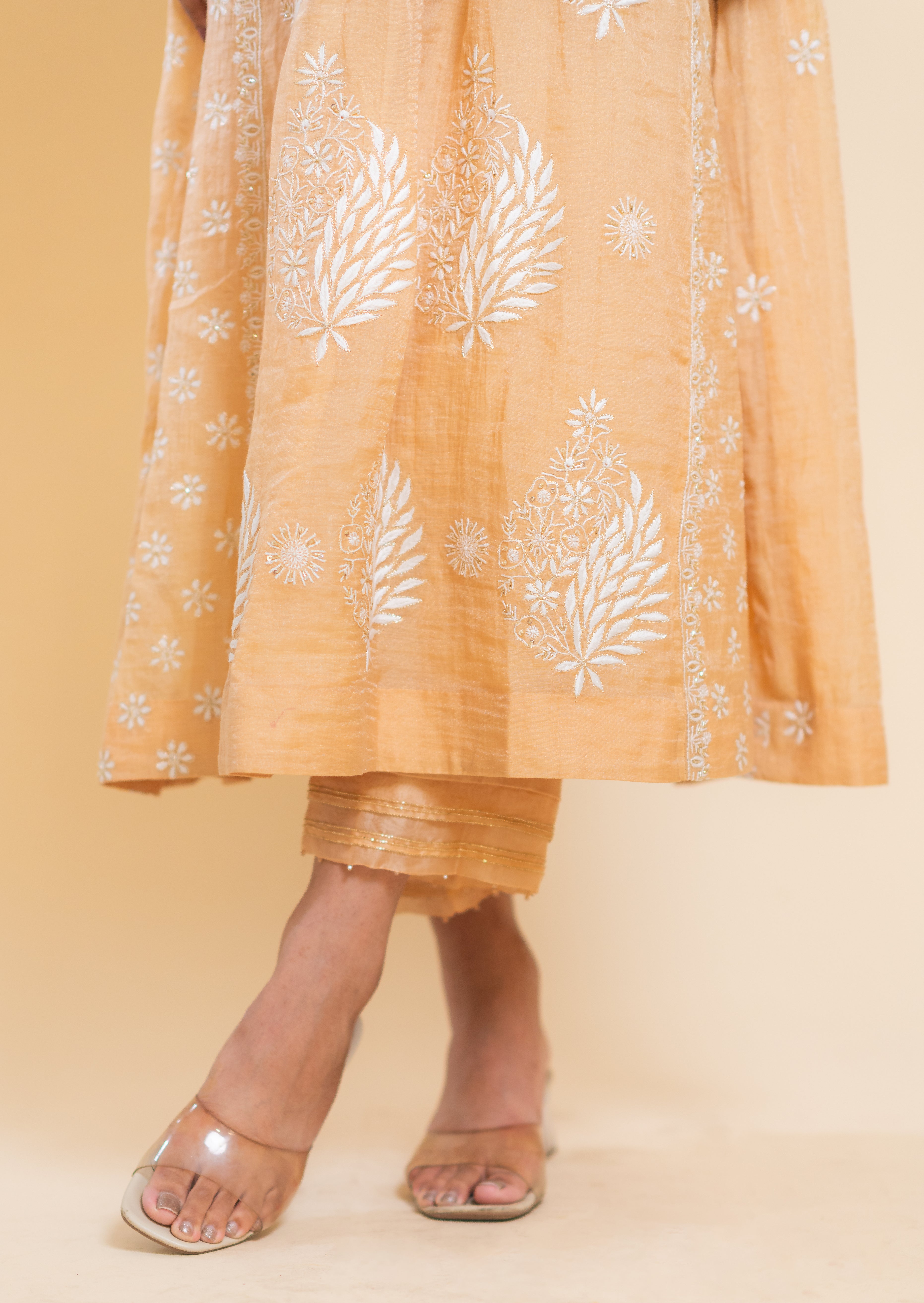 Chikankari A-Line Tissue Suit Set - Peach Pearl