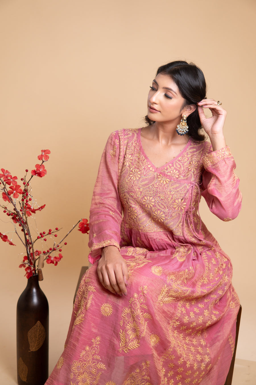 Chikankari Tissue Angrakha Set - Dusty Pink