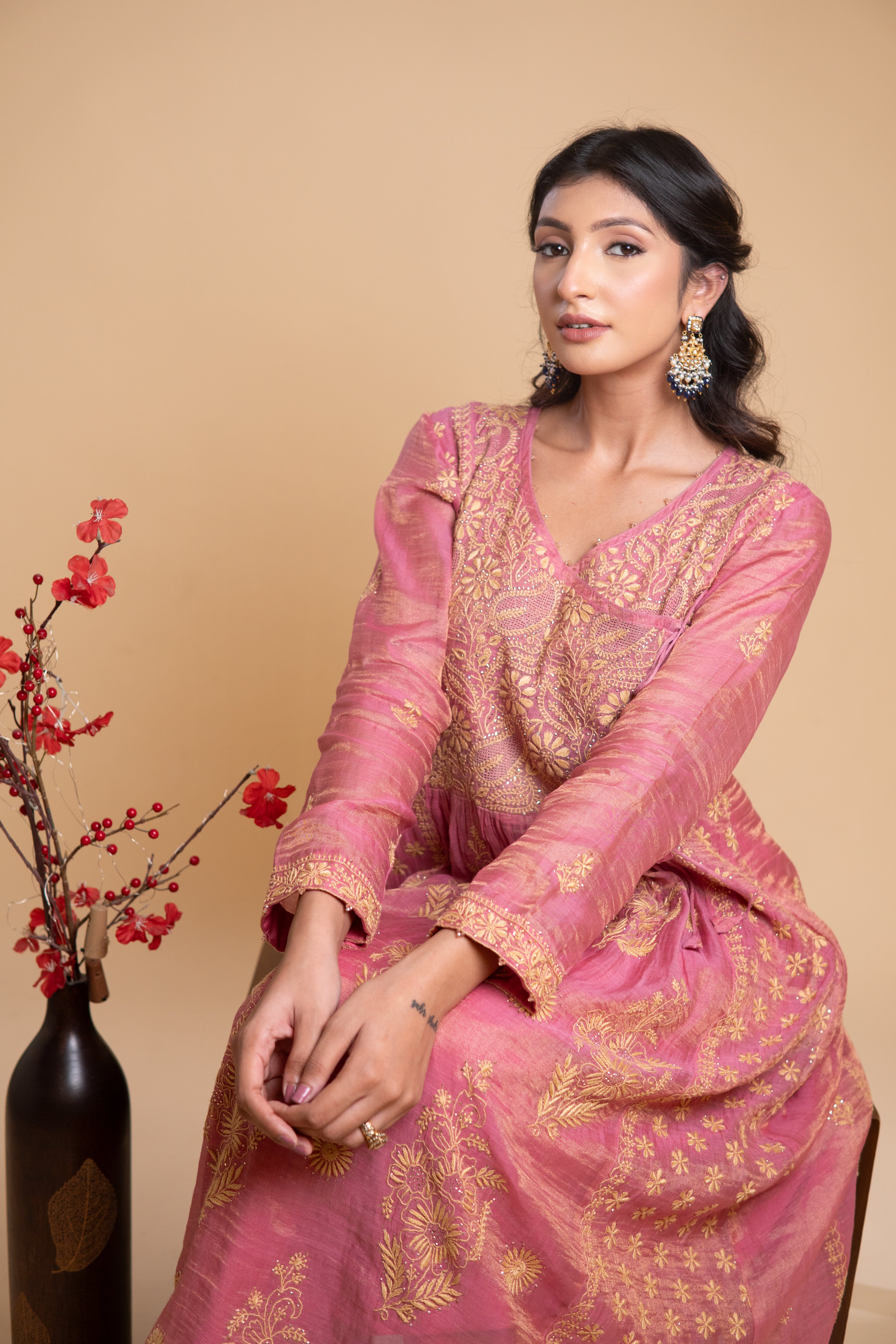 Chikankari Tissue Angrakha Set - Dusty Pink