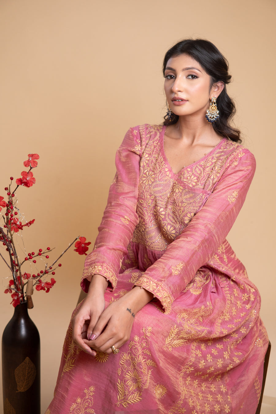 Chikankari Tissue Angrakha Set - Dusty Pink