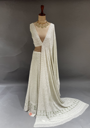 Pure Georgette Chikankari Unstitched Lehenga - Ivory & Green