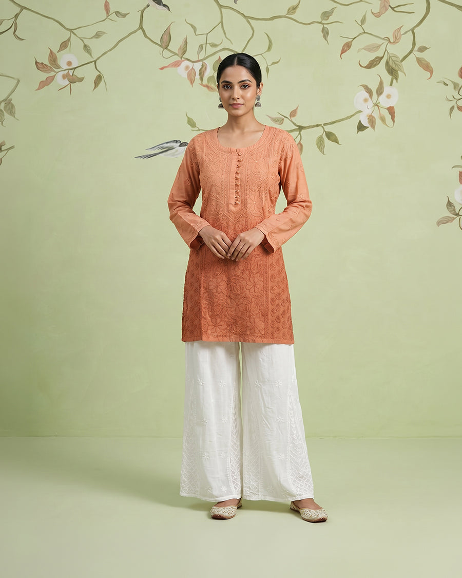 Muslin Chikankari Short Kurti - Rust Orange