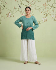 Muslin Chikankari Short Kurti - Teal Green