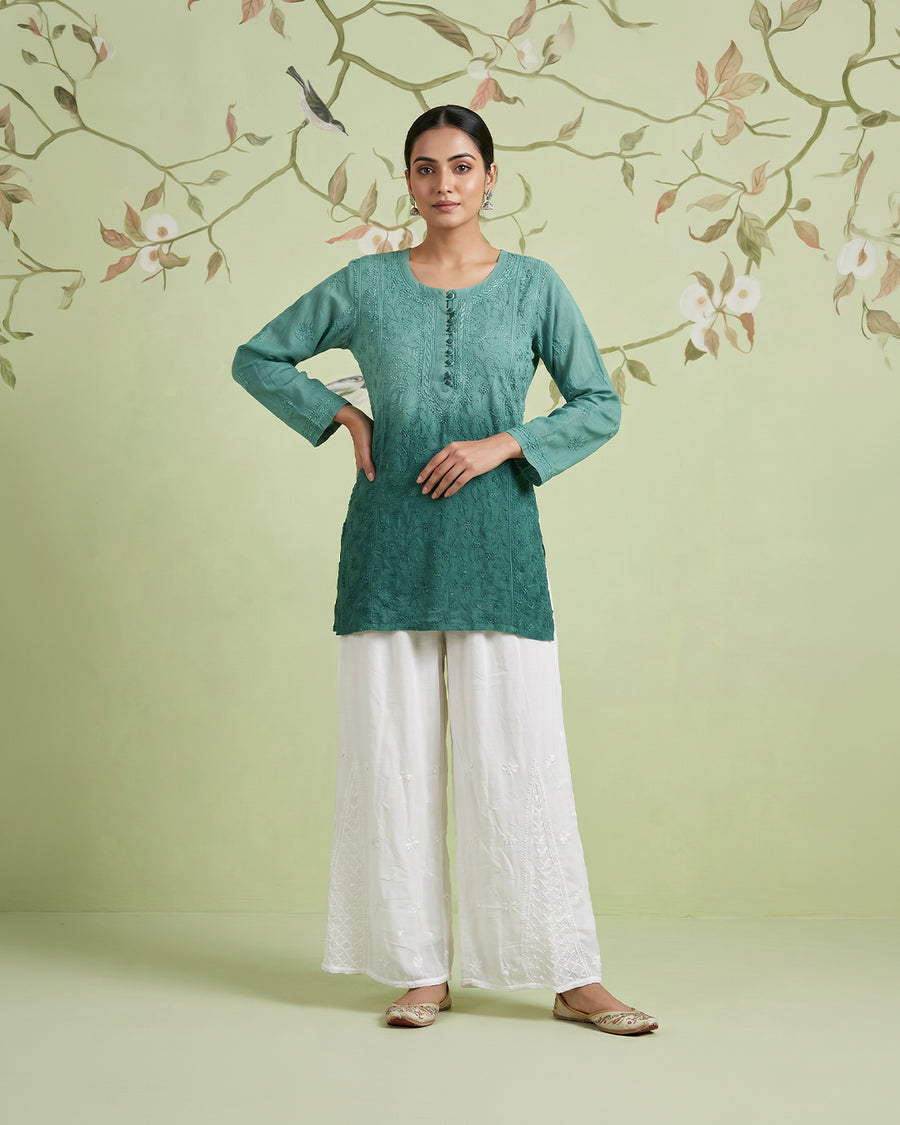 Muslin Chikankari Short Kurti - Teal Green