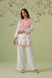 Cotton Chikankari Short Kurti - White & Red