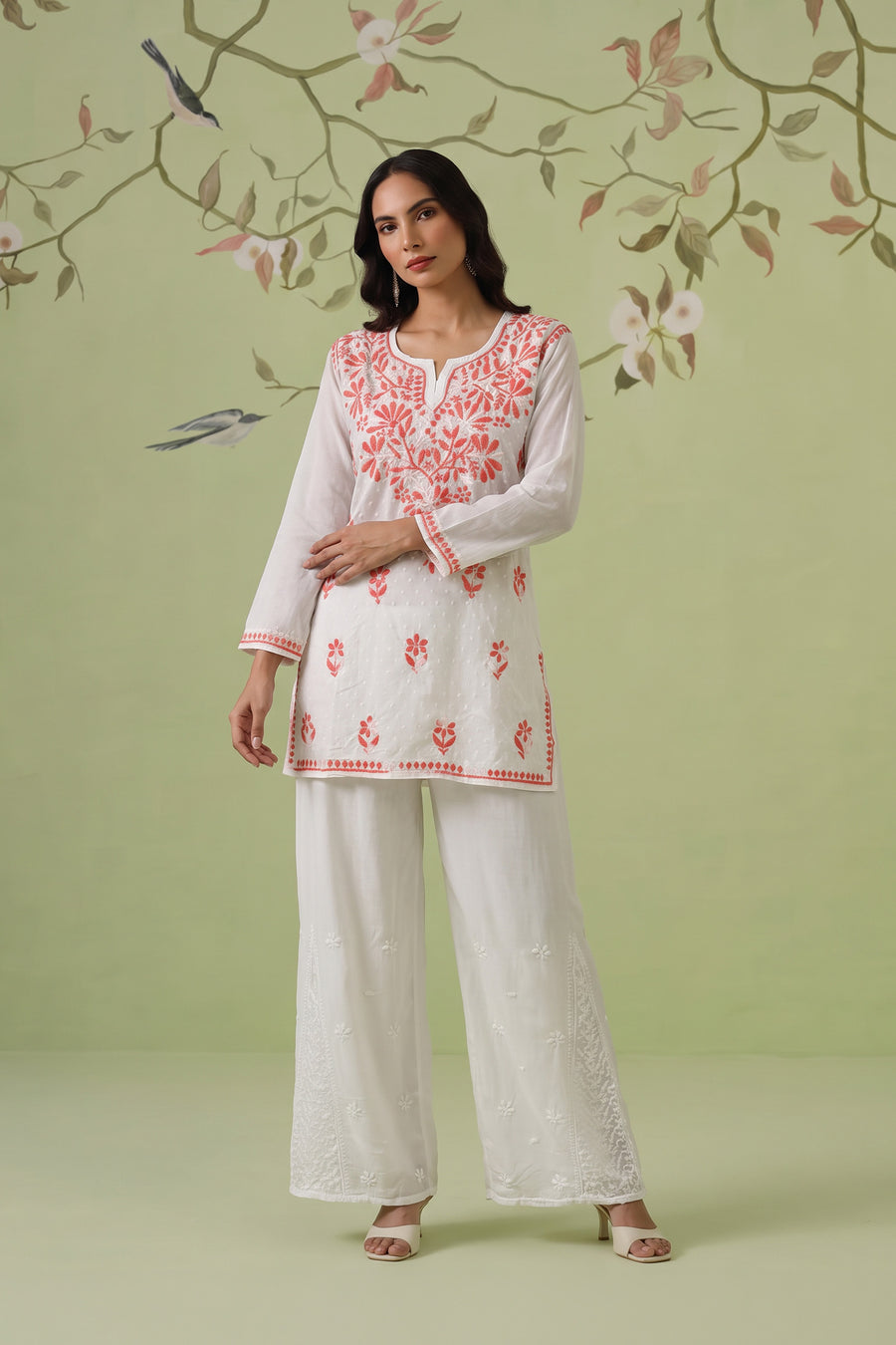 Cotton Chikankari Short Kurti - White & Red