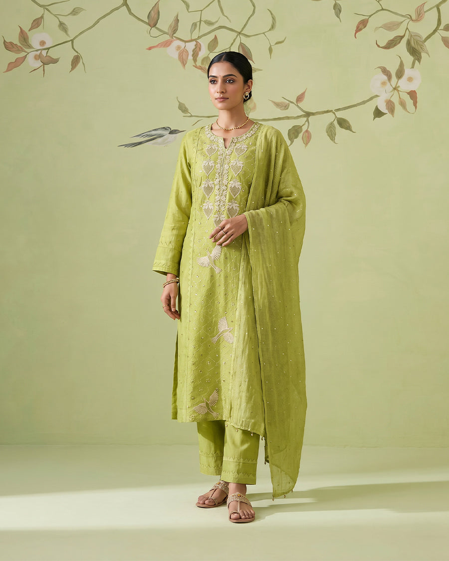 Tissue Chikankari Stitch 3pc Suit - Avocado Green