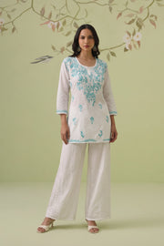 Cotton Chikankari Short Kurti - White & Sky Blue