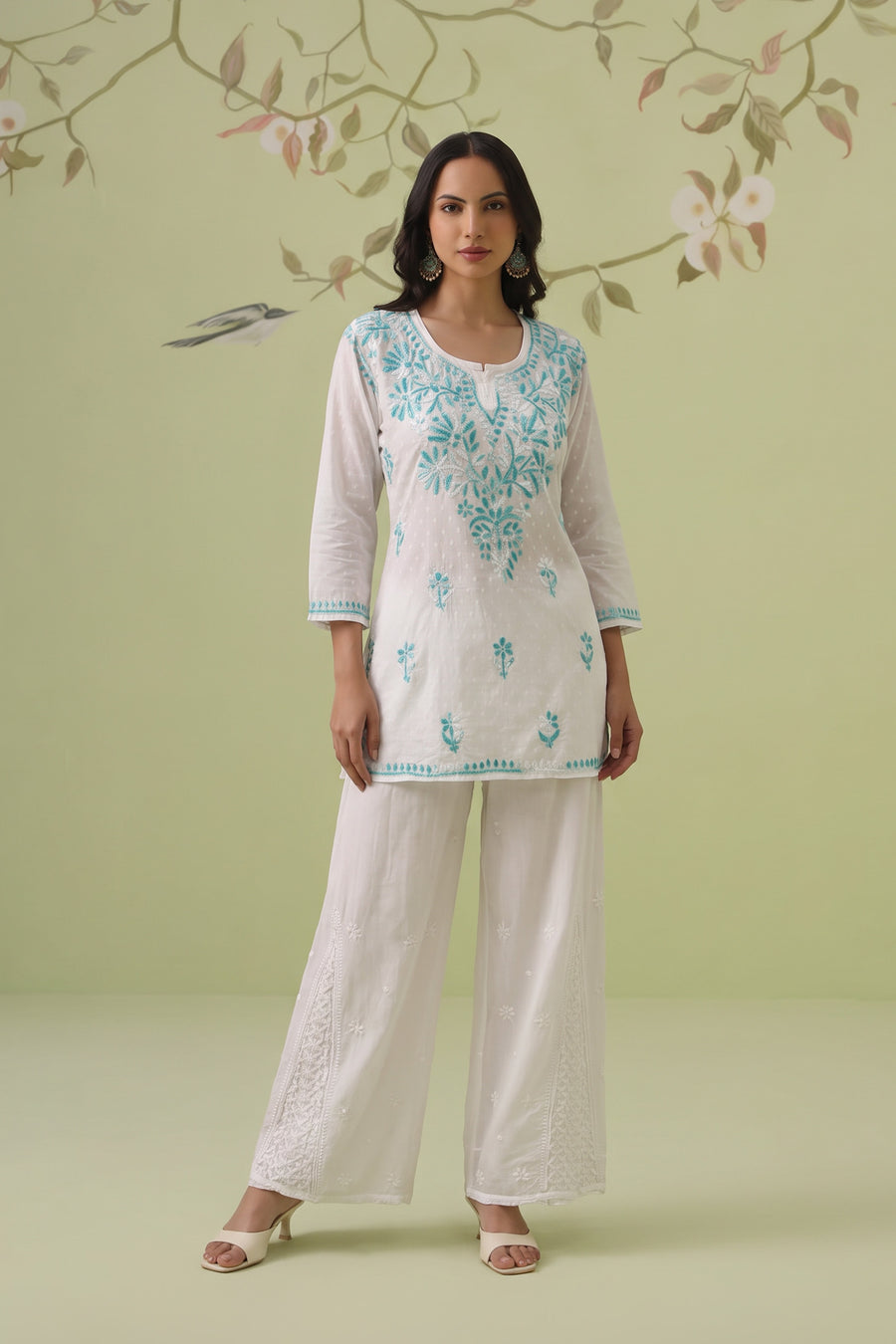 Cotton Chikankari Short Kurti - White & Sky Blue