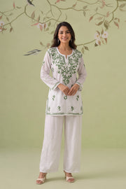 Cotton Chikankari Short Kurti - White & Green