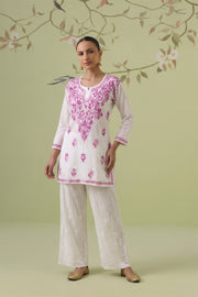 Cotton Chikankari Short Kurti - White & Plum