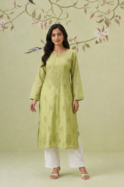 Chanderi Chikankari Long Kurti - Parrot Green
