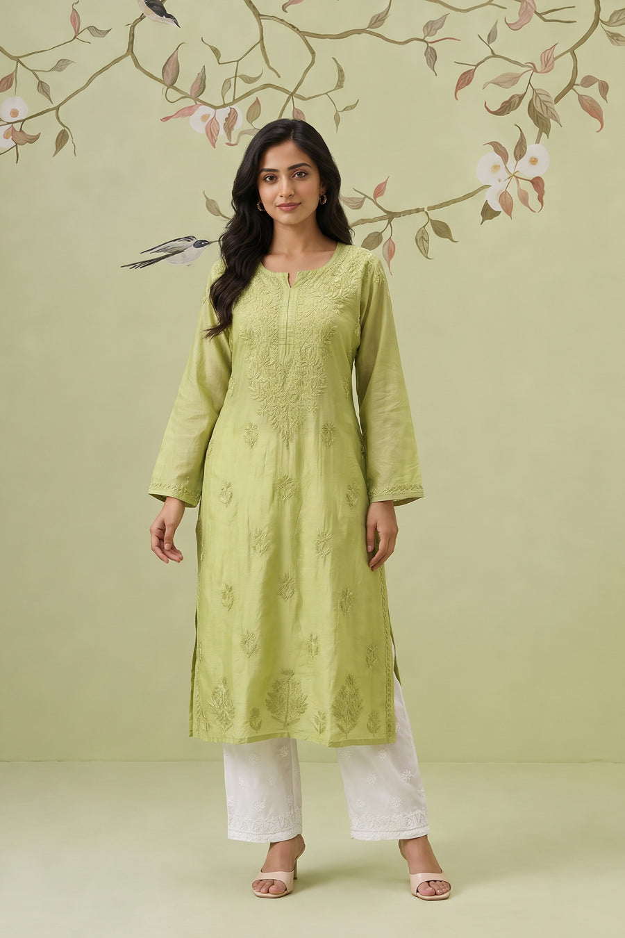 Chanderi Chikankari Long Kurti - Parrot Green