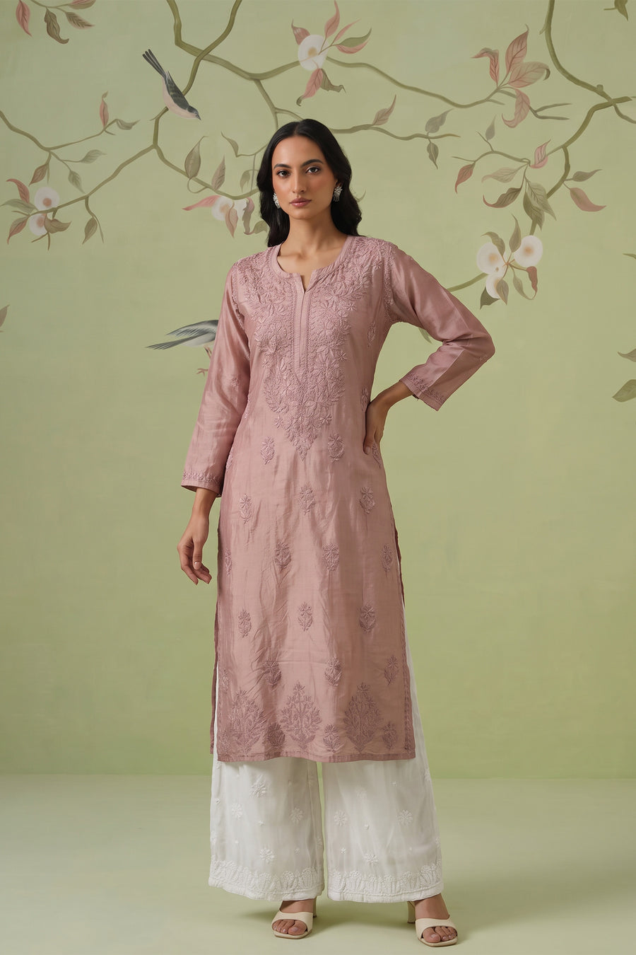 Chanderi Chikankari Long Kurti - Apricot