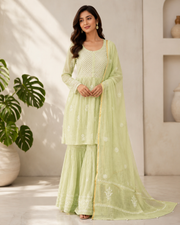 Mul Chanderi Chikankari Sharara Set - Gris Green