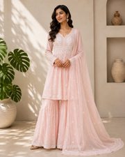 Mul Chanderi Chikankari Sharara Set - Blush Pink