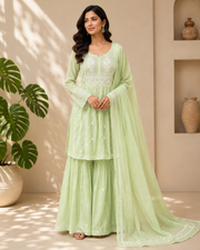 Mul Chanderi Chikankari Sharara set - Moss Green