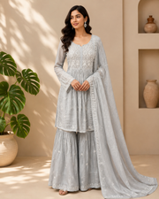 Mul Chikankari Sharara Set - Greyish Blue