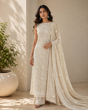 Pure Georgette Chikankari Unstitched 2pc Suit - Gris Pastel