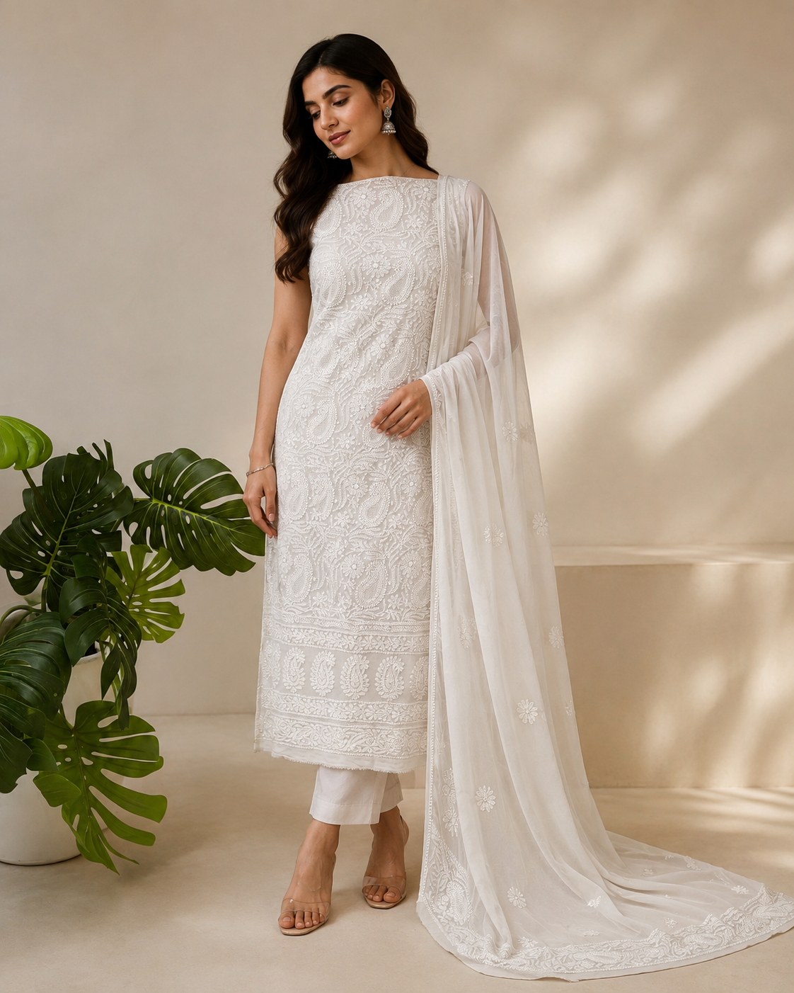 Viscose Georgette Chikankari Unstitched Anarkali - Silver Grey