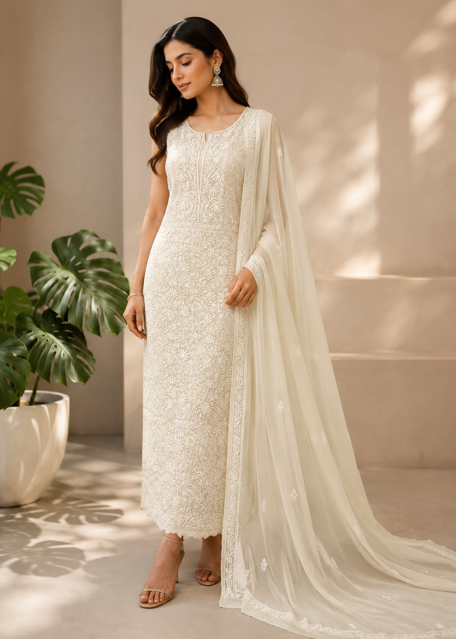 Pure Georgette Chikankari Unstitched 2pc Suit - Soft Beige