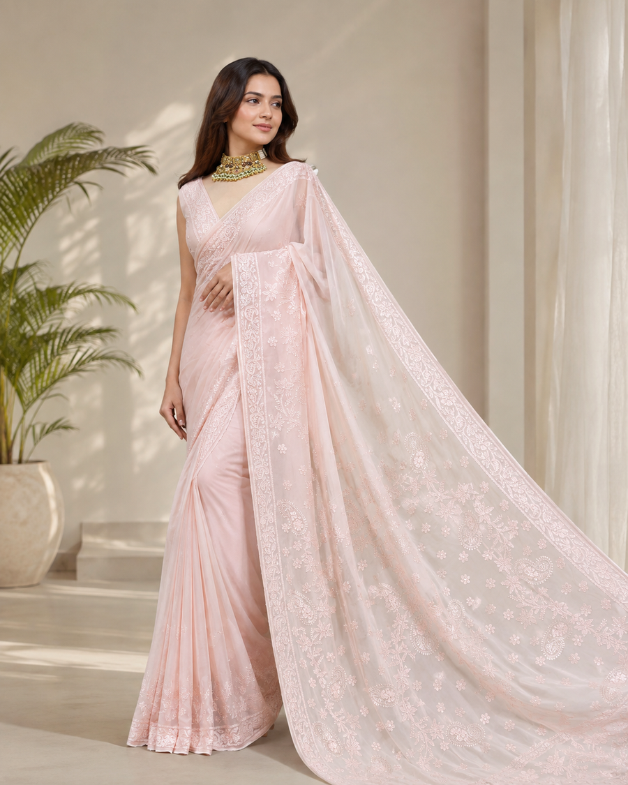 Viscose Chikankari Saree - Blush Pink