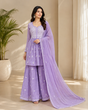 Mul Chanderi Chikankari Sharara Set - Lavender